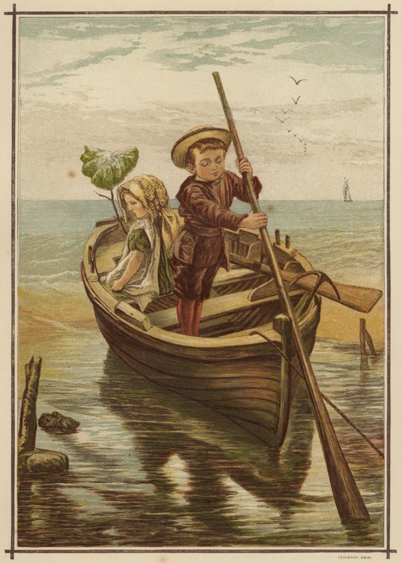 Våg rømning: gutt og jente drar fra en strand i en båt (farge litho) av English School