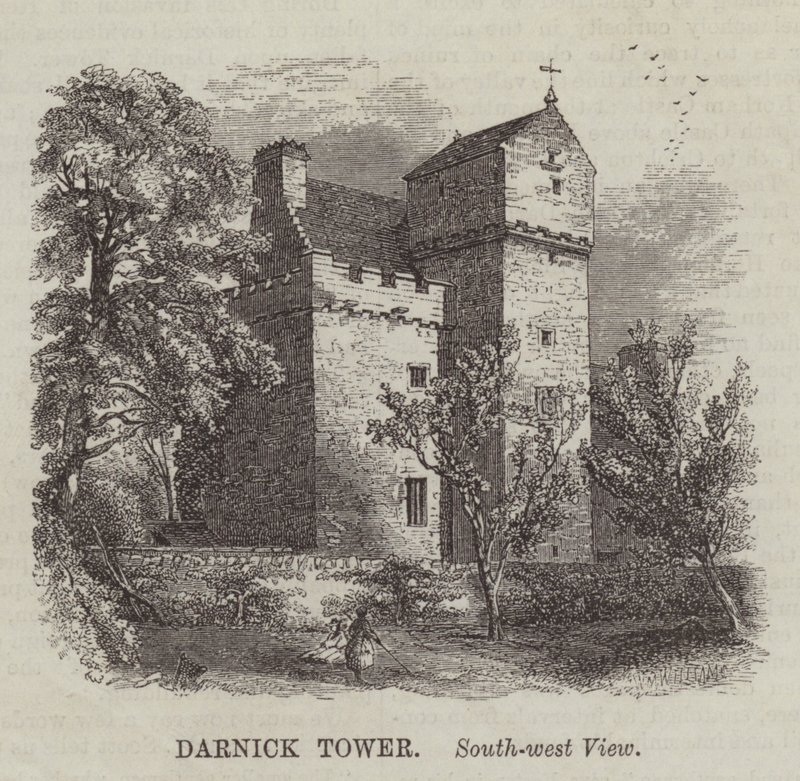 Darnick Tower, sørvestutsikt (gravering) av English School