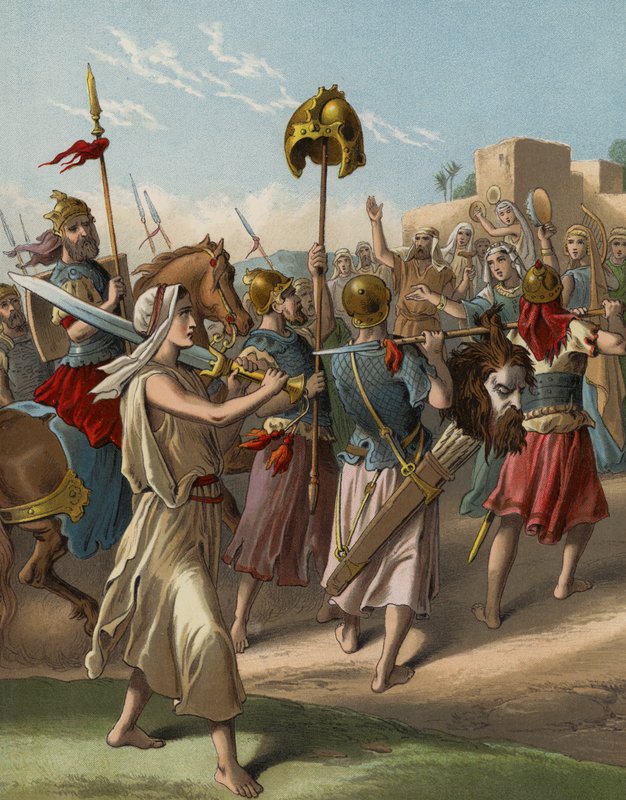 David på vei tilbake fra slaktingen av filisteren (chromolitho) av English School