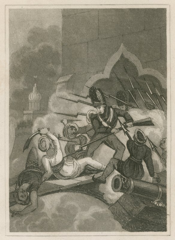 Tippoo Sahibs død ved beleiringen av Serigapatam, India, 1799 av English School