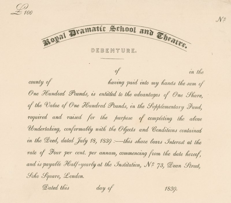 Obligasjonsbrev for Royal Dramatic School and Theatre, 73 Dean Street, Soho Square, London av English School