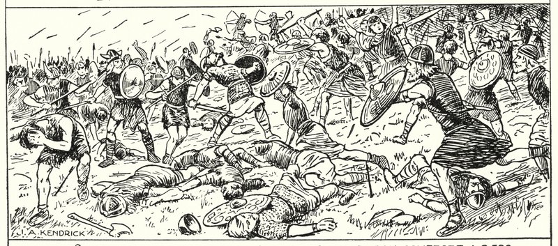 Vestsaksernes nederlag ved Mount Budon, Somerset, AD 500 (litografi) av English School