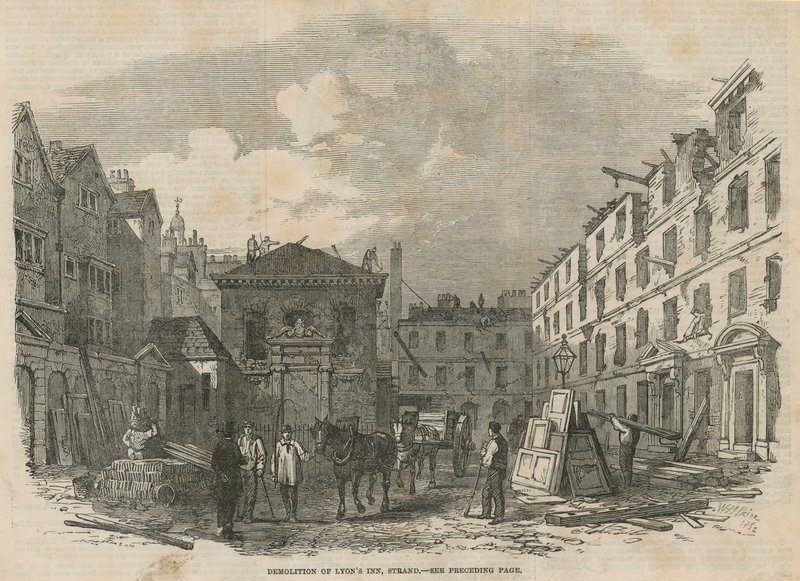 Riving av Lyons Inn, Strand, London av English School