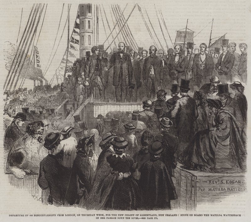 Avgang for 800 ikke-konformister fra London, torsdag uke, til New Colony of Albertland, New Zealand, scene om bord på Matilda Wattenbach på hennes passasje nedover elven (gravering) av English School