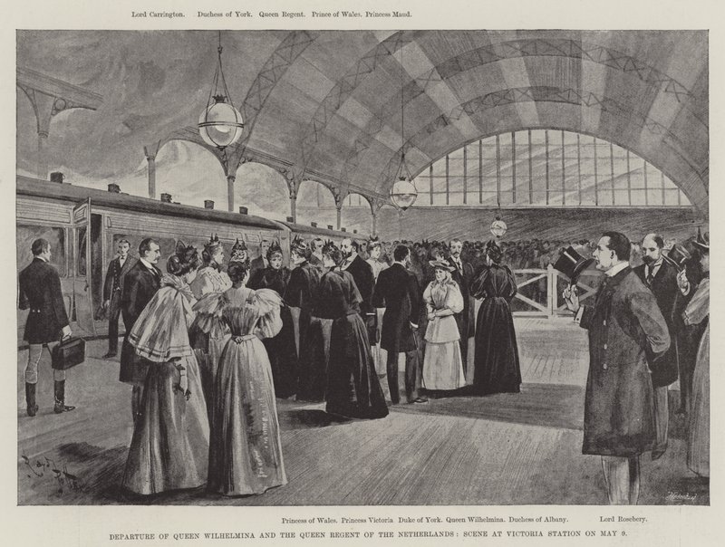 Dronning Wilhelminas og dronningens regent av Nederland, scene på Victoria Station 9. mai (litho) av English School