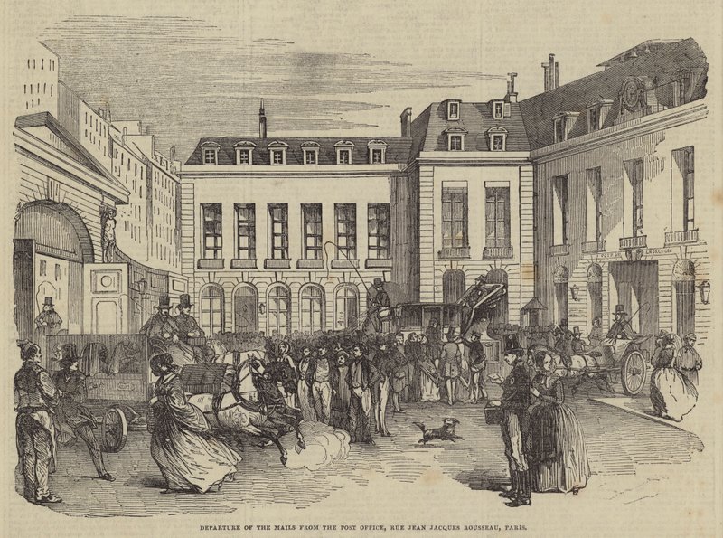 Avgang av postene fra postkontoret, Rue Jean Jacques Rousseau, Paris (gravering) av English School