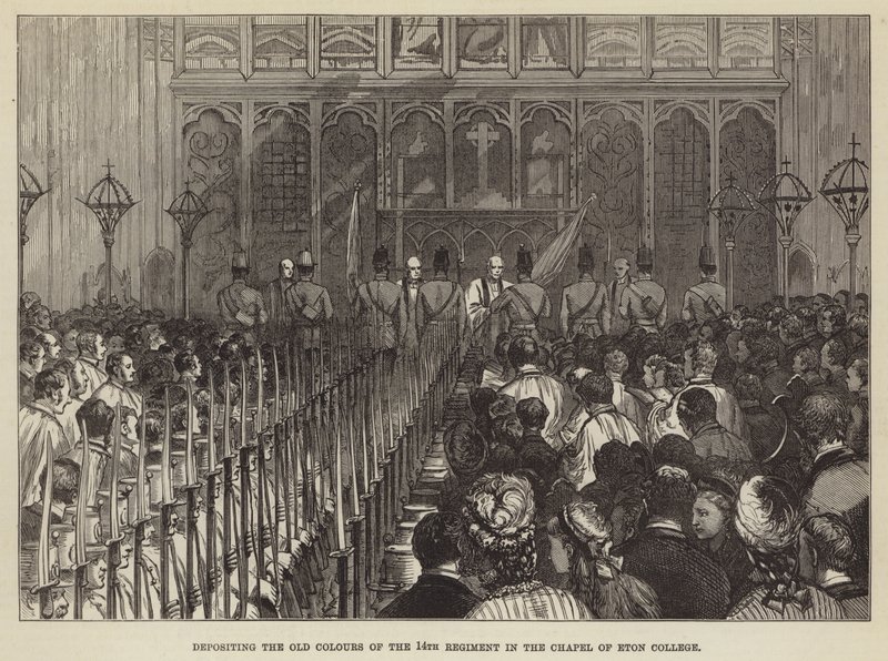 Deponerer de gamle fargene til det 14. regiment i kapellet ved Eton College (gravering) av English School