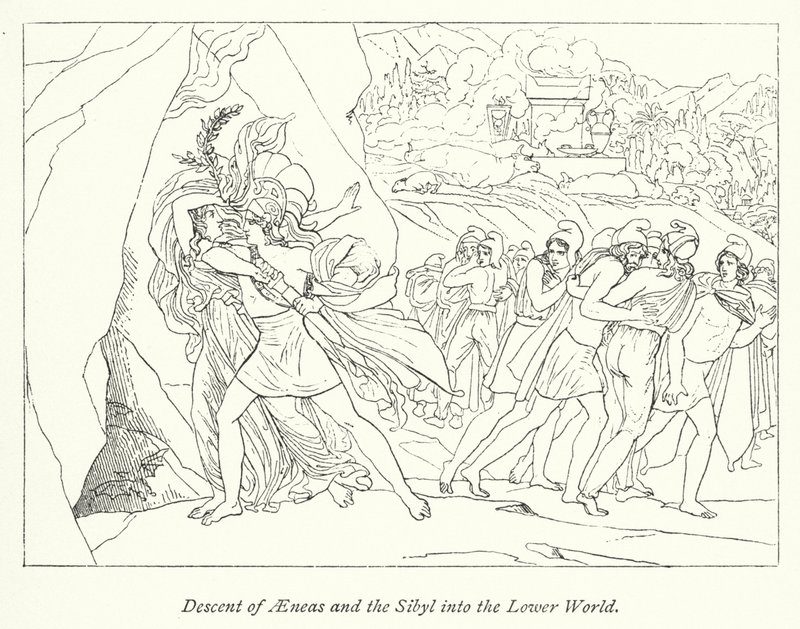 Nedstigning av Aeneas og Sibylla til den nedre verden (litho) av English School