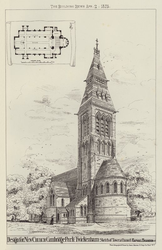Design for New Church, Cambridge Park, Twickenham, Sketch of Tower and Chancel (gravering) av English School