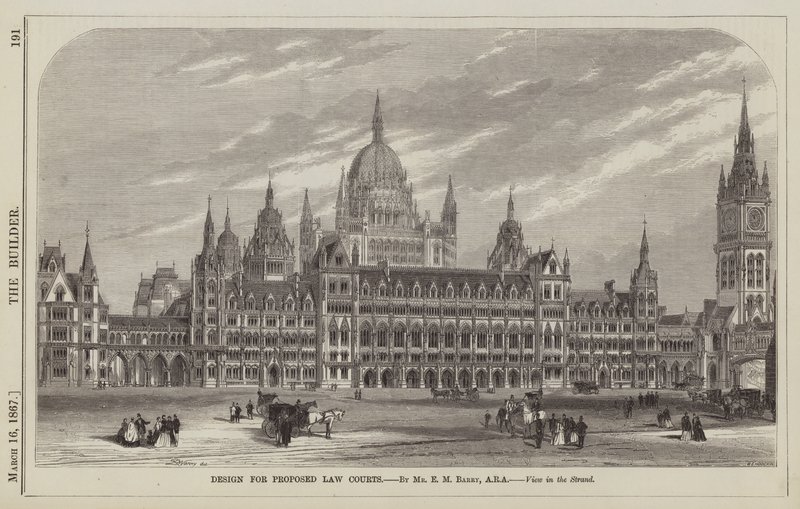 Design for Proposed Law Courts, av Mr E M Barry, ARA, View in the Strand (gravering) av English School