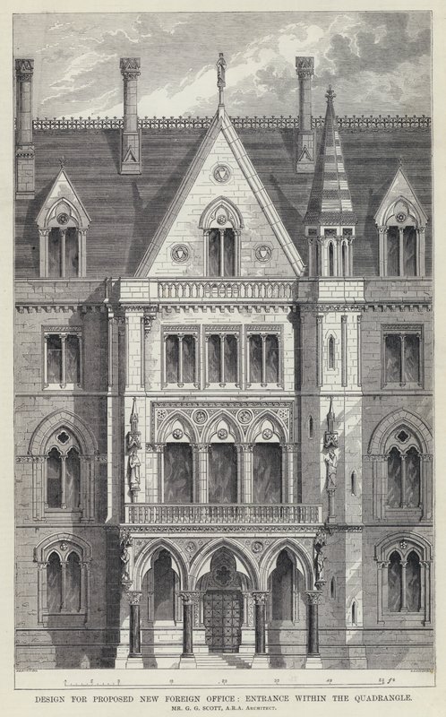 Design for foreslått nytt utenrikskontor, inngang i firkanten (gravering) av English School