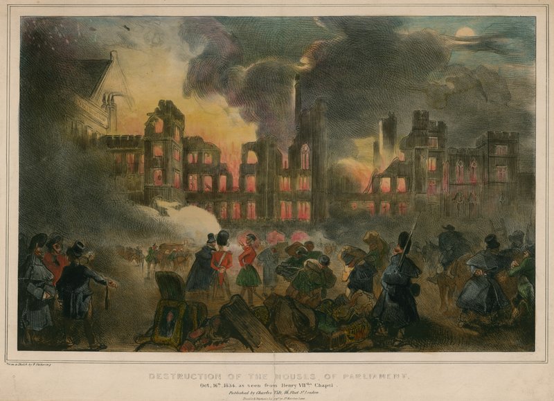 Ødeleggelse ved brann av parlamentets hus 16. oktober 1834, sett fra Henry VIIIs kapell av English School
