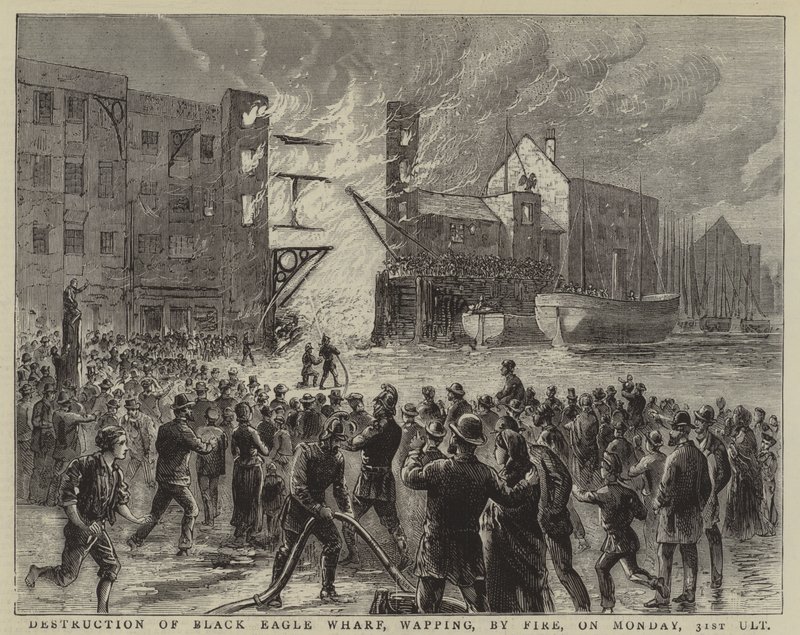 Ødeleggelse av Black Eagle Wharf, Wapping, av brann, mandag 31. (gravering) av English School