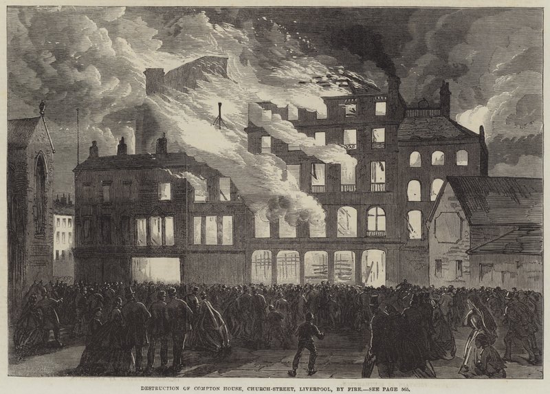 Ødeleggelse av Compton House, Church-Street, Liverpool, ved brann (gravering) av English School