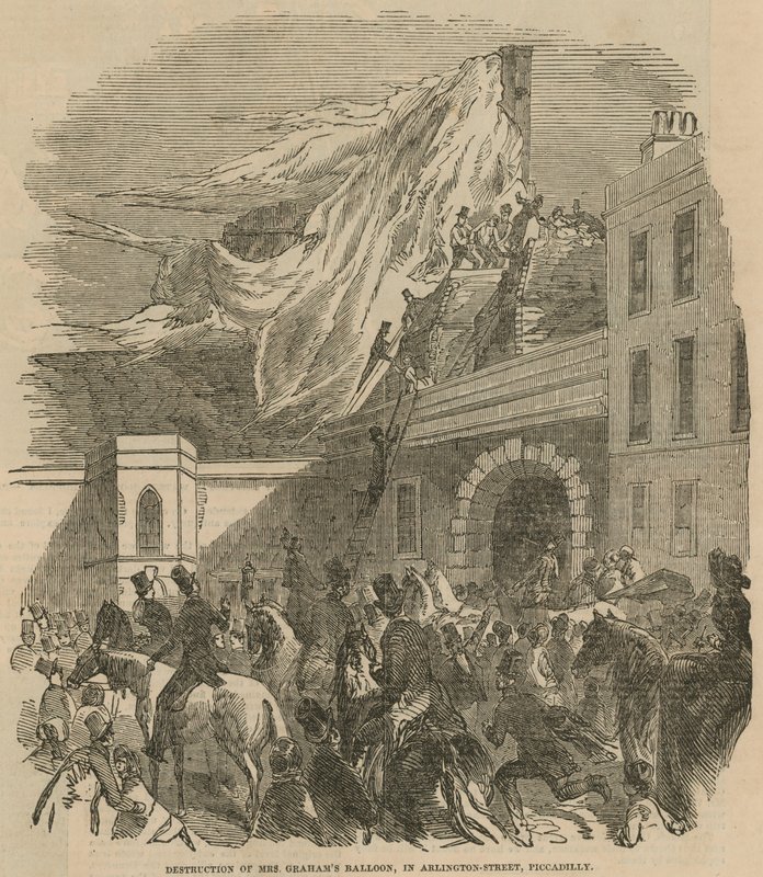 Ødeleggelse av Mrs Grahams ballong i Arlington Street, Piccadilly av English School