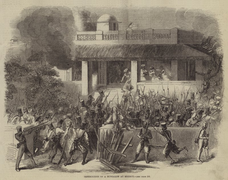 Ødeleggelse av en bungalow ved Meerut (gravering) av English School