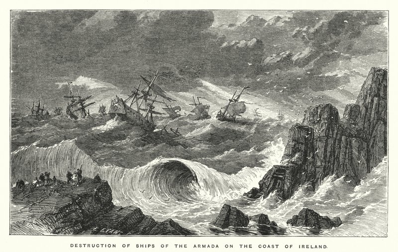 Ødeleggelse av skip fra Armada på kysten av Irland (gravering) av English School