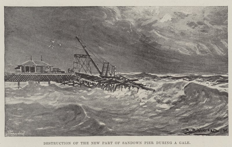 Ødeleggelse av den nye delen av Sandown Pier under en kuling (gravering) av English School