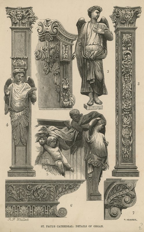 Detalj av orgel i St. Pauls katedral (gravering) av English School