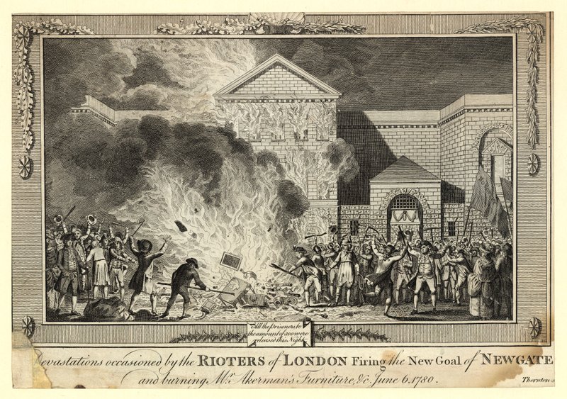 Ødeleggelser forårsaket av Rioters of London avfyring av New Gaol of Newgate og brenning av Mr Akermans Furniture, 6. juni 1780 av English School