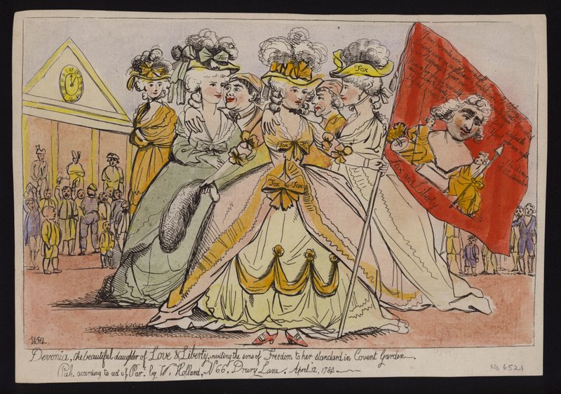 Devonia, kjærlighetens og frihetens vakre datter, inviterer frihetens sønner til sin standard i Covent Garden: politisk satire over hertuginnen av Devonshires støtte til Charles James Fox av English School