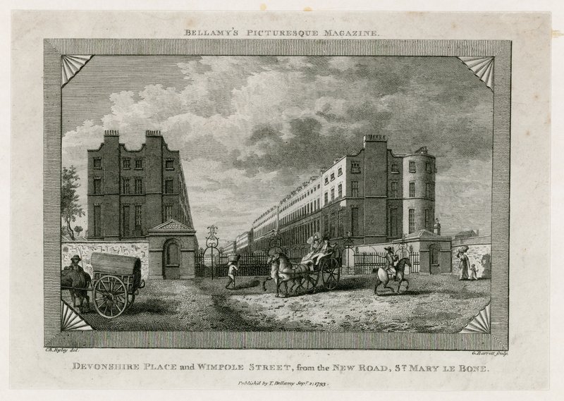 Devonshire Place og Wimpole Street fra New Road, St Marylebone av English School