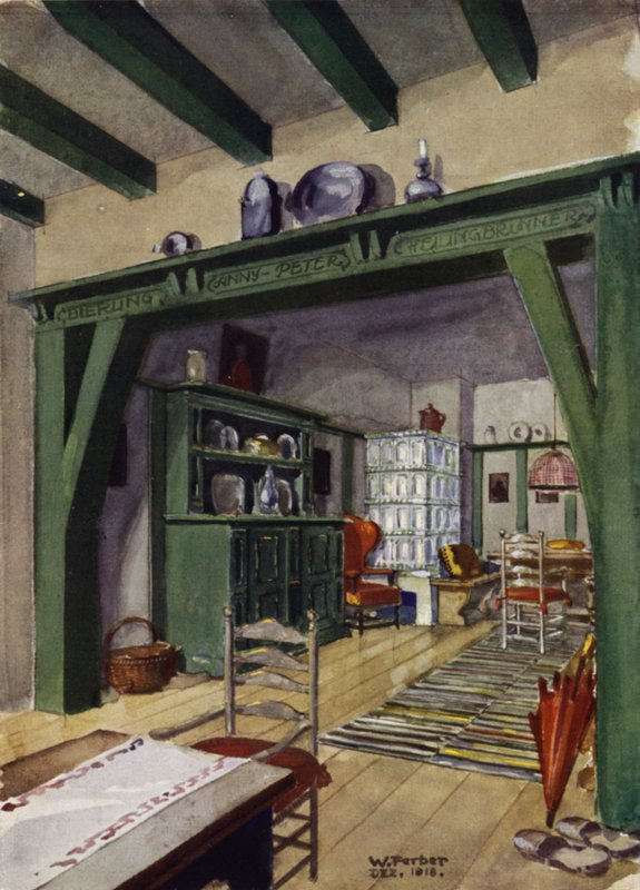 Spisestue og stue i et landsted (farge litho) av English School