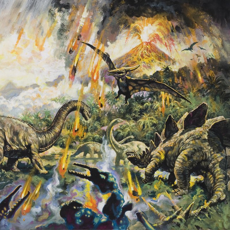 Dinosaurer og vulkaner (gouache på papir) av English School