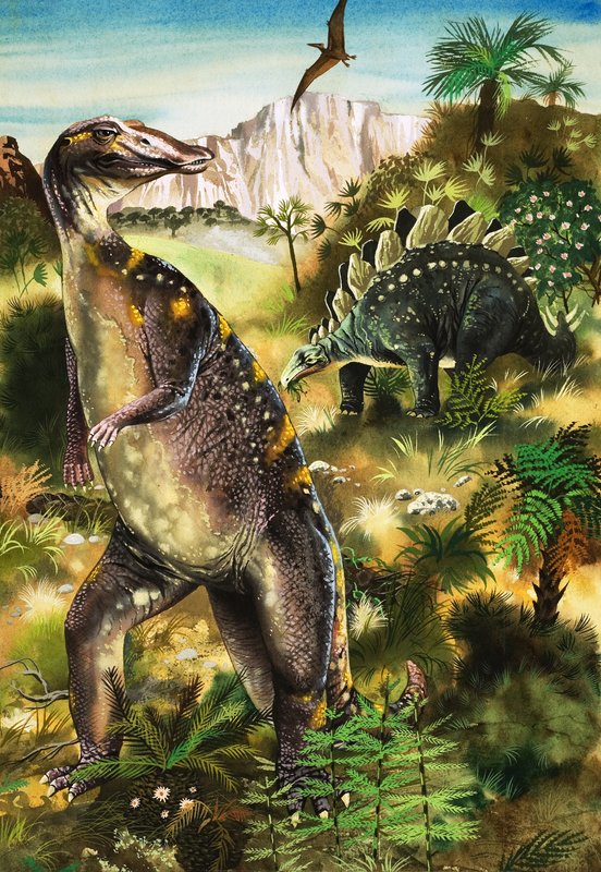 Dinosaurer, illustrasjon fra «Da monstrene hersket over jorden» (gouache på papir) av English School