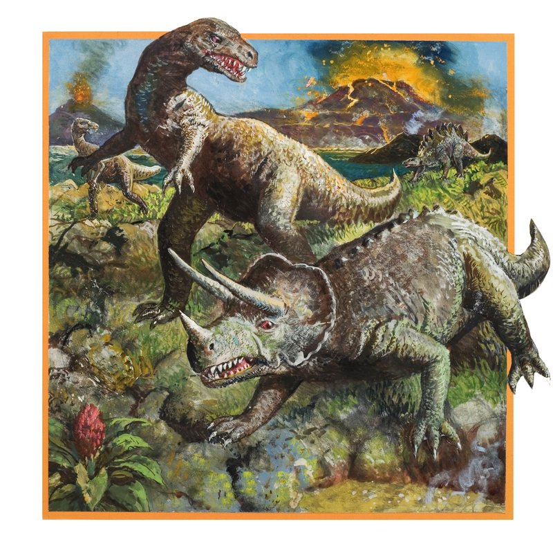 Dinosaurer med vulkan (gouache på papir) av English School