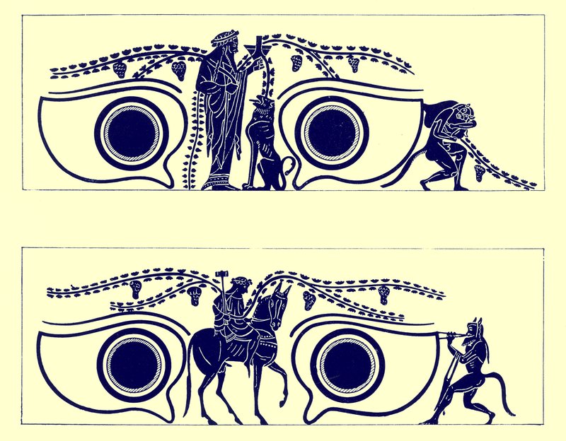 Dionysos, Hephaistos and satyrs, illustrasjon fra greske vasemalerier av J. E. Harrison og D. S. MacColl, utgitt 1894 (digitalt forbedret bilde) av English School