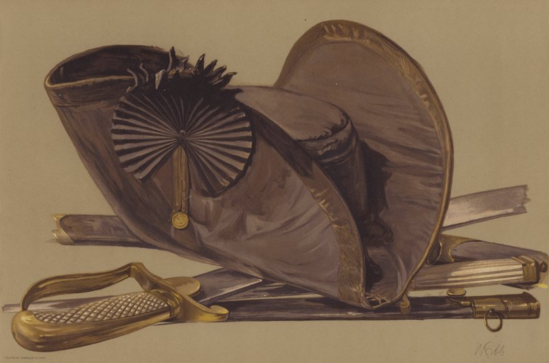 Dirk, sverd og lue av Lord Nelson (chromolitho) av English School