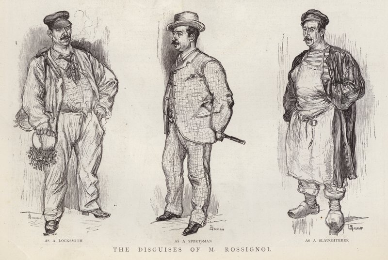 Forkledninger brukt av den parisiske politidetektiven Gustave Rossignol (litho) av English School