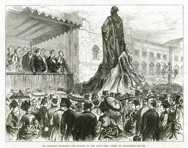 Disraeli avduker statuen av avdøde Lord Derby på Parliament Square, Westminster av English School