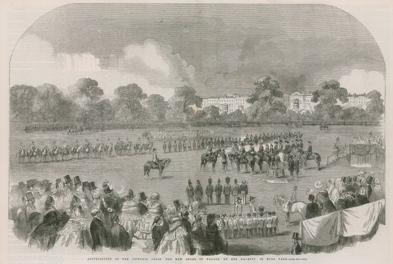 Utdeling av Victoria Cross, den nye tapperhetsordenen, av Hennes Majestet i Hyde Park av English School