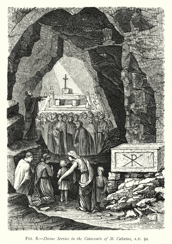 Gudstjeneste i katakombene til St Calixtus, AD 50 (gravering) av English School