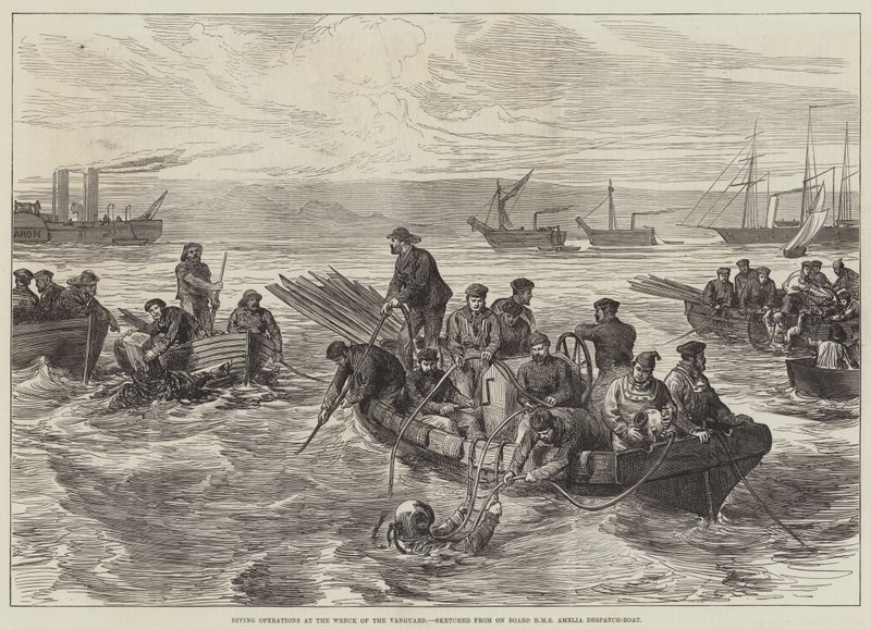 Dykkeoperasjoner ved vraket av Vanguard, skissert fra ombord på HMS Amelia Despatch-Boat (gravering) av English School