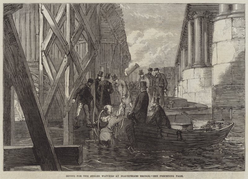 Dykking etter de stjålne klokkene ved Blackfriars Bridge (gravering) av English School