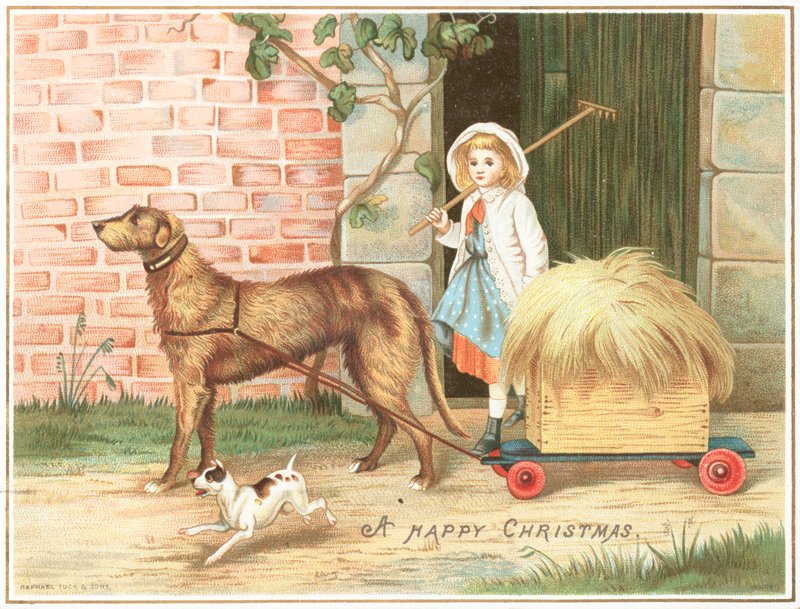 Hundetrekkervogn full av høy, julekort av English School