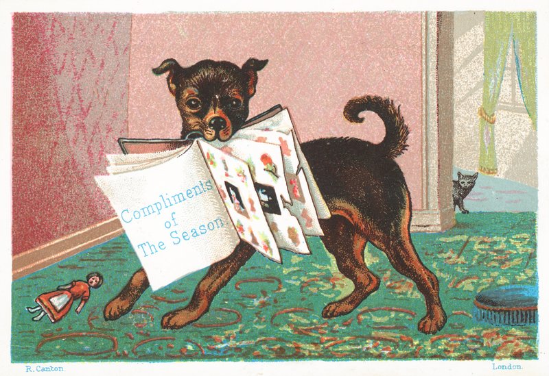 Hund med bok i munnen, julekort av English School