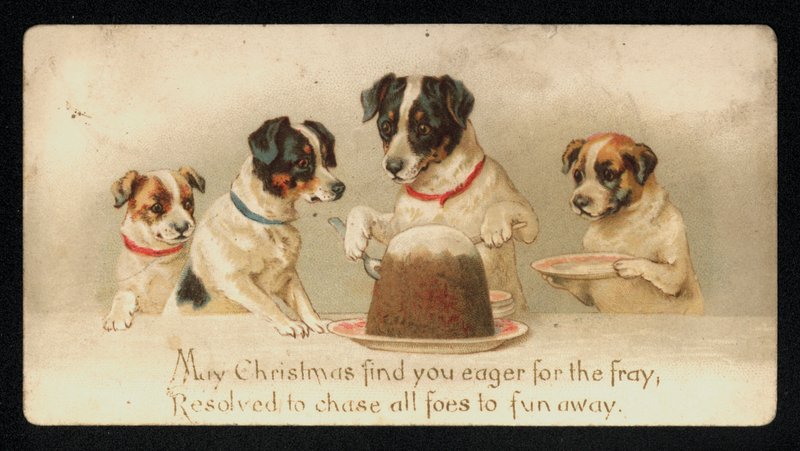 Hunder som serverer en julepudding, gratulasjonskort. (chromolitho) av English School