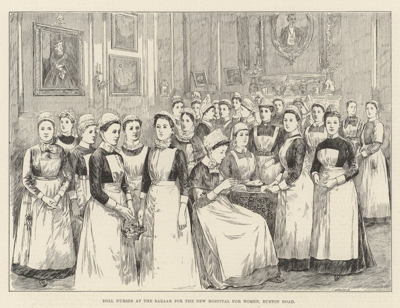 Dukkesykepleiere ved basaren for det nye sykehuset for kvinner, Euston Road (gravering) av English School