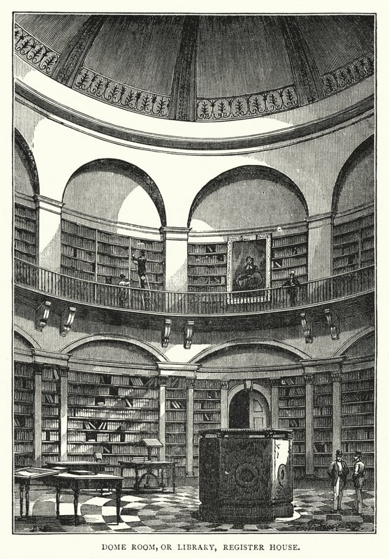 Kuppelrom, eller bibliotek, registerhus (gravering) av English School