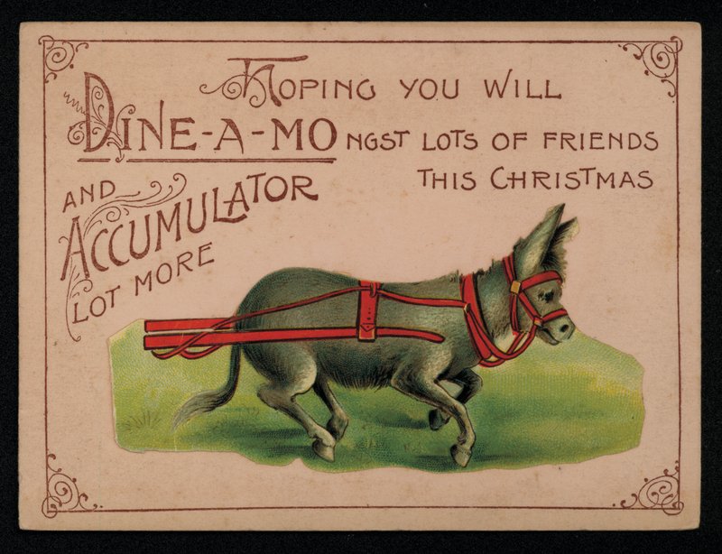 Esel og julemelding, gratulasjonskort. (chromolitho) av English School