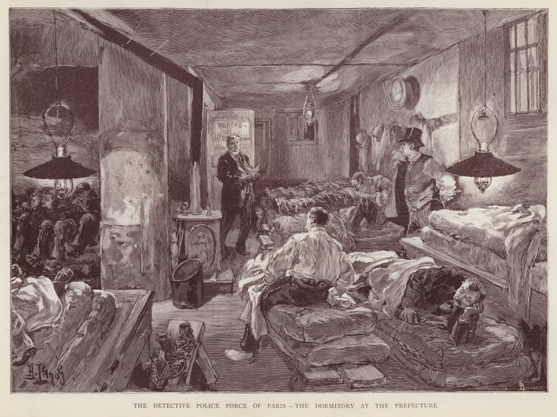 Sovesal ved politiprefekturet for Paris, Frankrike (litho) av English School