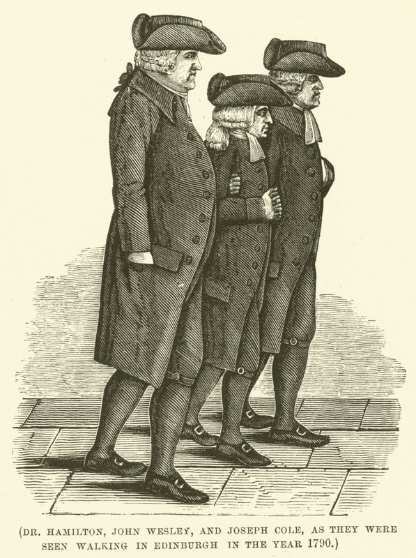 Dr. Hamilton, John Wesley og Joseph Cole, slik de ble sett vandrende i Edinburgh i år 1790 (gravering) av English School