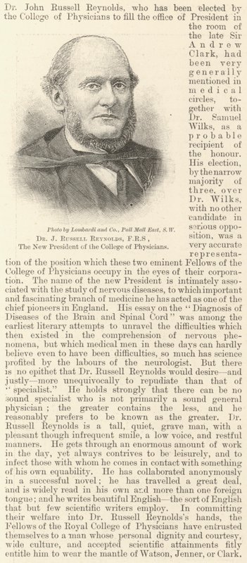 Dr J Russell Reynolds, FRS, den nye presidenten for College of Physicians (gravering) av English School