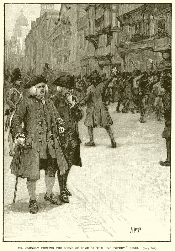 Dr. Johnson ser på scenen for noen av No Popery Riots av English School