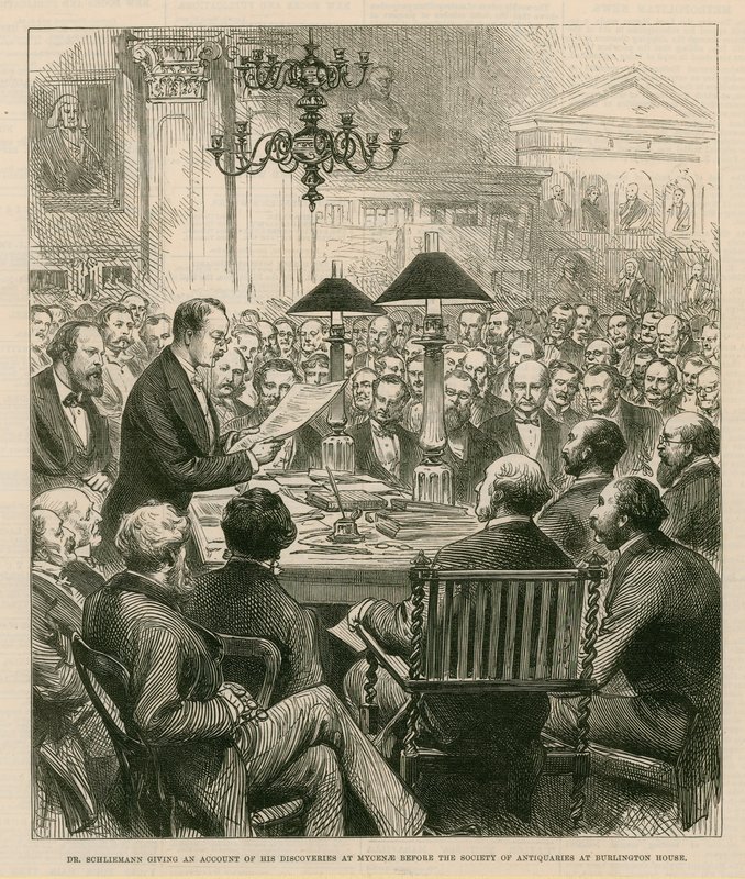 Dr. Schiemann gir en beretning om funnene sine i Mykene før Society of Antiquaries ved Burlington House av English School