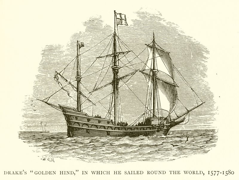 Drakes Golden Hind, der han seilte verden rundt, 1577-1580 av English School